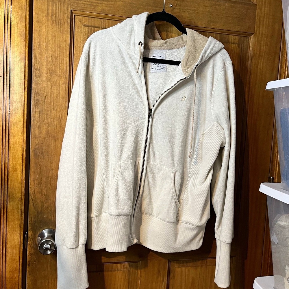 Vintage Y2K Old Navy Fleece Zip Up Hoodie Cream Off White Deer Embroidered XL